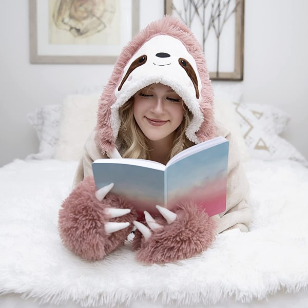 Tecknad söt sengångare bärbar huva filt tröja med handskar mjukt och bekvämt hem white
