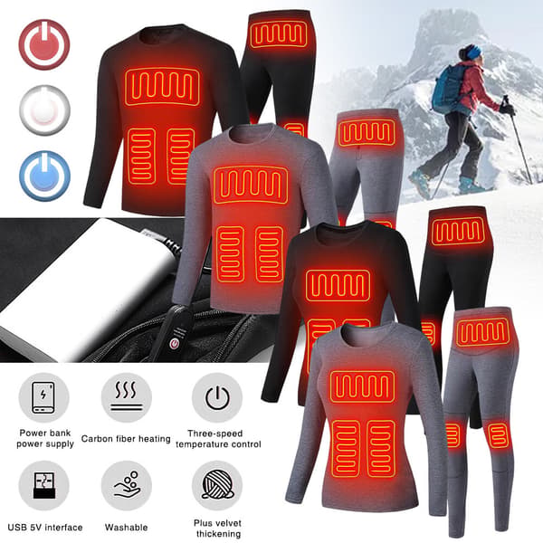 USB El-oppvarmet Undertøy Termisk Pyjamas Long Johns Sett Grå Dame Topper Grå Damtoppar 4XL