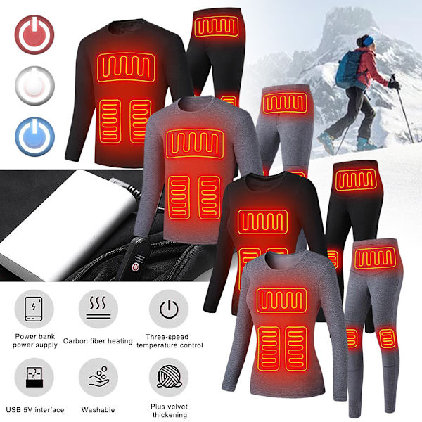 USB Elopvarmet Undertøj Termisk Pyjamas Long Johns Sæt Dametøj - Sort Damkläder-svart 4XL