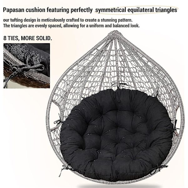 Papasan stolsdyna, tuftad förtjockad Papasan kudde, dubbla Papasan kudde med 8 halkfria band (1 set) (svart) Black