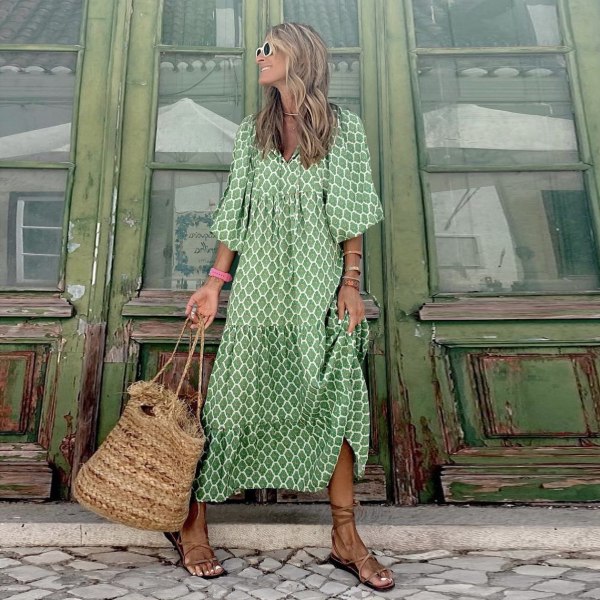 Geometrisk printet bobleærmekjole til kvinder i stor størrelse lysegrøn light green 3xl