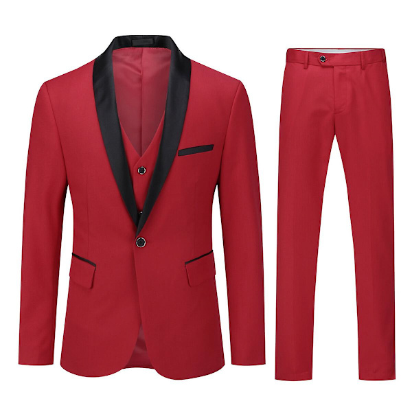 Herr 3Pce Business Slim Fit Kostym Bröllopsfest Blazer Vest Byxor Red L