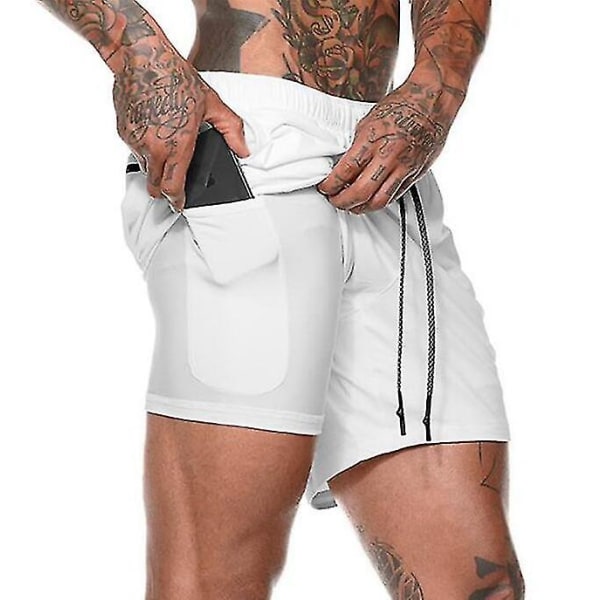Löparshorts för män 2 i 1 träning med dragkedjefickor white S