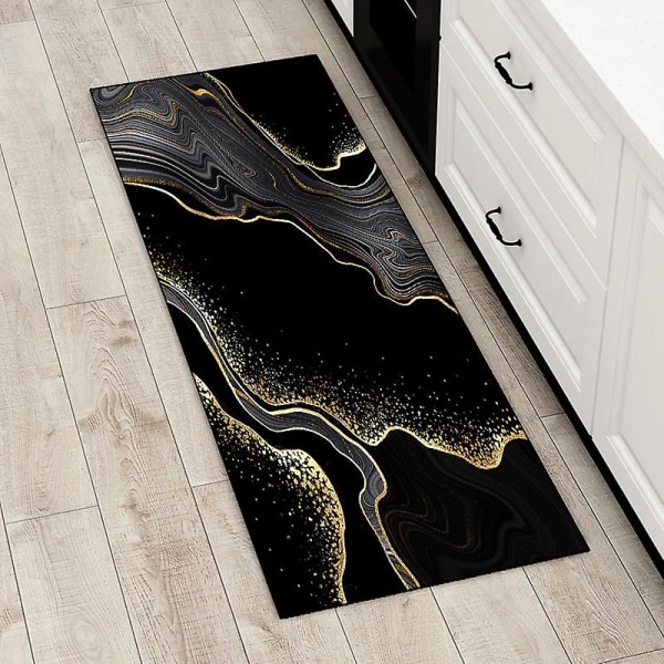 Køkken Tæppe Luksus Sort Guld Marmor Blæk Mønster Entré Dørmåtte Soveværelse Stue Gang Anti-slip Lang Strimmel Tæppe 40x120cm 16x47inch 2