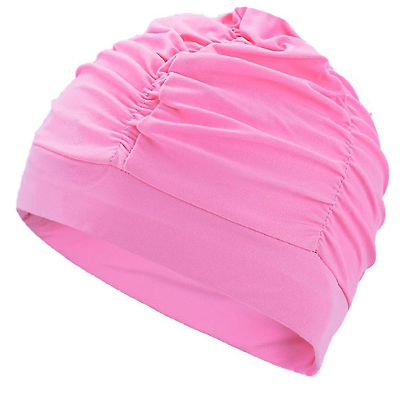 Badehætter til kvinder, svømning, nylonstof, plisseret badehætte til langt hår, stor, højelastisk badehætte, svømmehatte Pink
