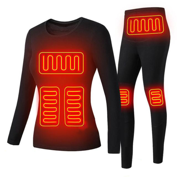 USB Eluppvärmda Underkläder Thermal Pyjamas Long Johns Set Damkläder-svart Damkläder-svart L