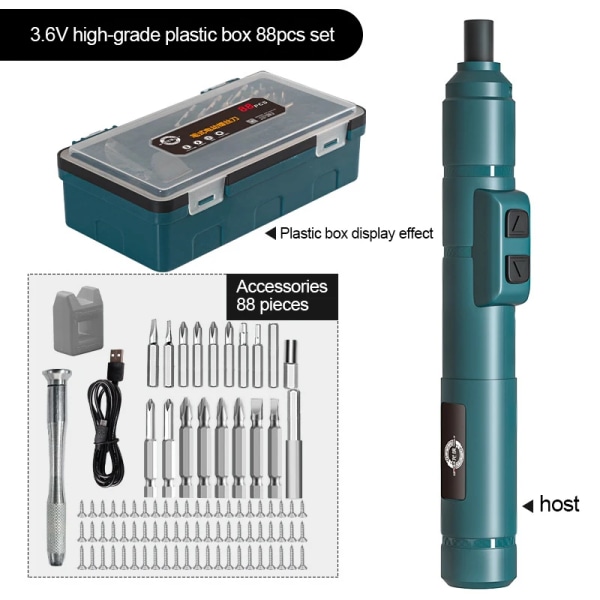 Mini Langaton Sähköruuvimeisselisarja Johdoton USB Ladattava Ruuvimeisseli 3.6V 250r/Min Kotitalous Sähköpora Korjaus Sähkötyökalu Green-88pcs set