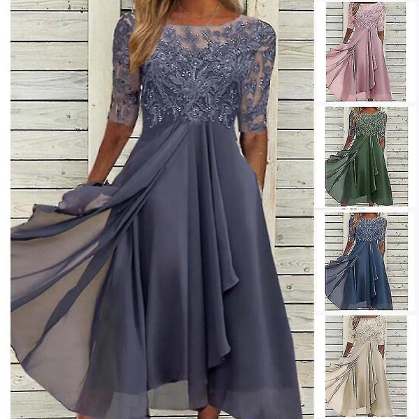 Kjole med blondeapplikasjoner, midi, kort erme, aftenkjoler, avslappet, passer til alt, kjole for bryllup Blue XXXL
