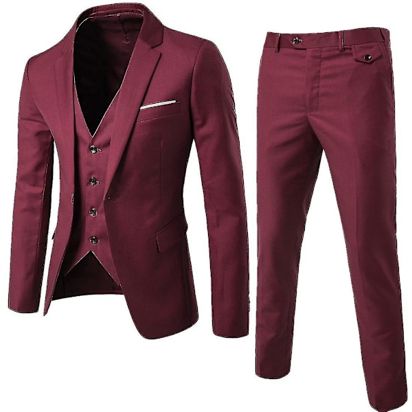 Herr 3-delad Slim Fit Kostym Set Enknapps Solid Jacka Väst Byxor Business Set-yky Red L