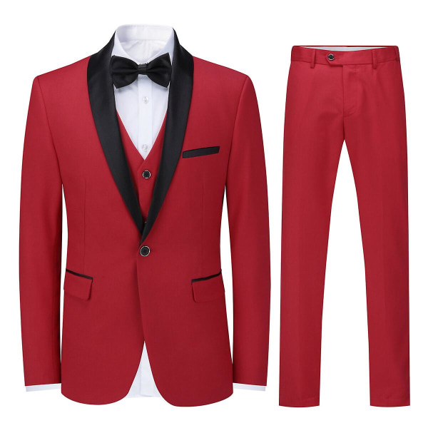 Herr 3Pce Business Slim Fit Kostym Bröllopsfest Blazer Vest Byxor Red L