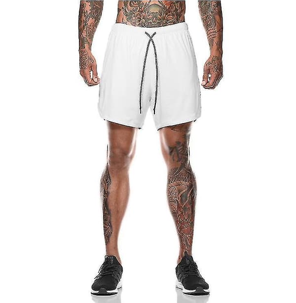 Löparshorts för män 2 i 1 träning med dragkedjefickor white S