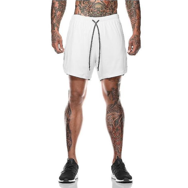 Löparshorts för män 2 i 1 träning med dragkedjefickor white XXL