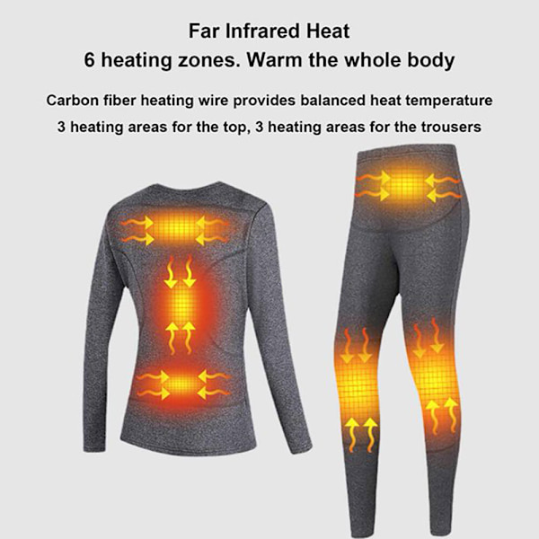 USB Eluppvärmda Underkläder Thermal Pyjamas Long Johns Set Grå damkostym Grå damkostym M
