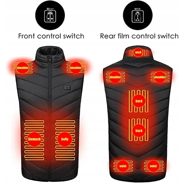 Opvarmet vest til mænd og kvinder USB opladbar opvarmet jakke kontrolvest, 3 varmeindstillinger 11 varmezoner sort black 6XL