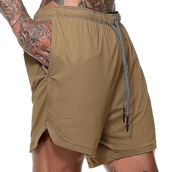 Löpningsshorts för män Träningsbyxor Gym Jogging Halvbyxor Mjukisbyxor med fickor Khaki 3XL
