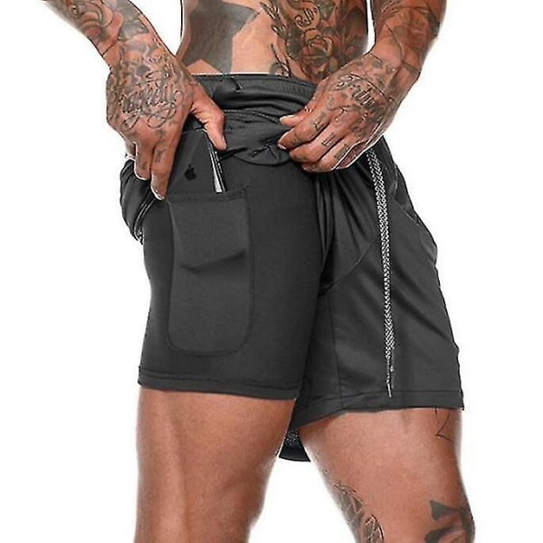 Löparshorts för män 2 i 1 träning med dragkedjefickor black L