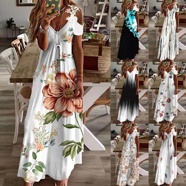 Dame Sommer Kortærmet Lang Kjole Hæklede Maxikjoler Sort Hvid Tie Dye 3XL Placering Store Blomster Positioning Big Flowers M