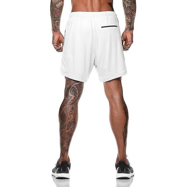 Löparshorts för män 2 i 1 träning med dragkedjefickor white XXL