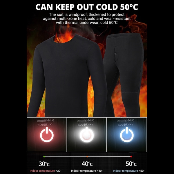 USB Eluppvärmda Underkläder Thermal Pyjamas Long Johns Set Damkläder-svart Damkläder-svart L