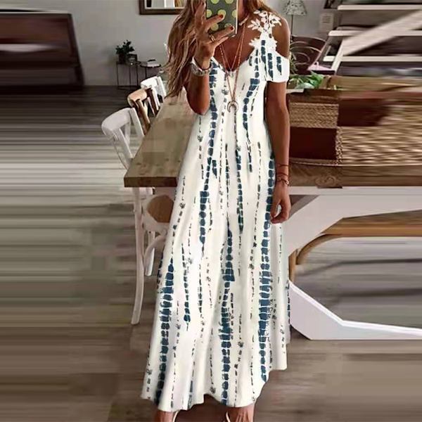 Dame Sommer Kortærmet Lang Kjole Hæklede Maxikjoler Sort Hvid Tie Dye 3XL Stribe Stripe M