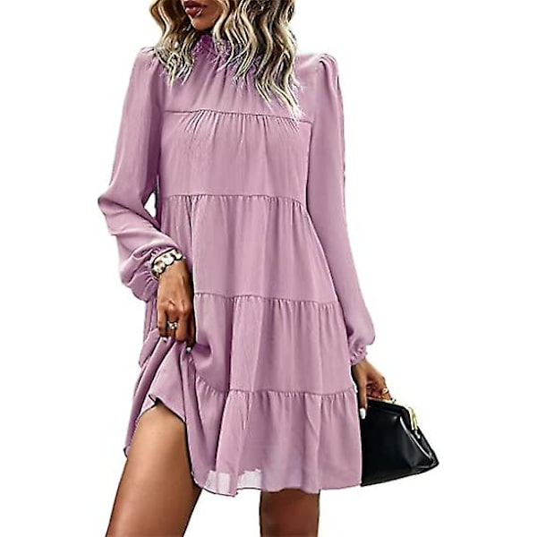 2023 Dame Forår Sommer Langærmet Flæser Mock Neck Tiered Mini Babydoll Kjole Casual Swing Tunika Shift Kjoler