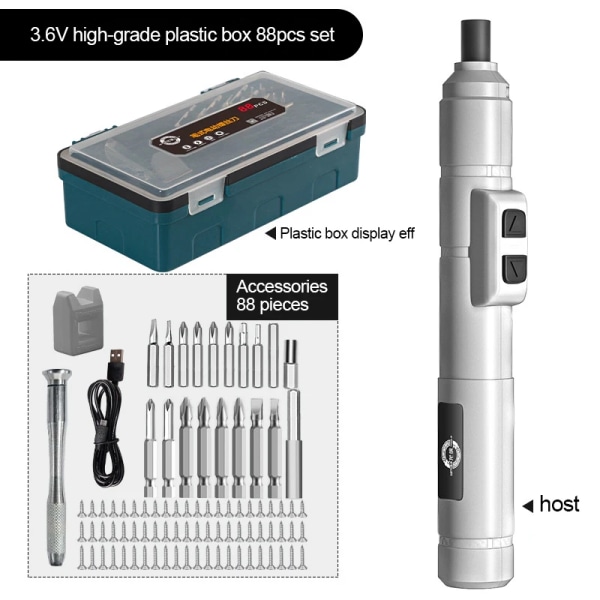 Mini trådlös elektrisk skruvmejselsats set USB uppladdningsbar skruvmejsel 3,6V 250r/min Hem Elektrisk borr Reparation Power White-88pcs set