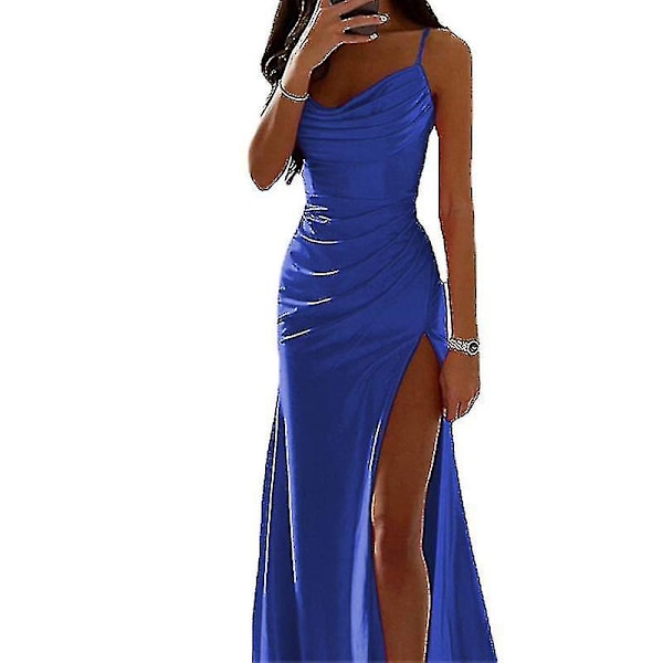 Långa Maxiklänningar Dam Cowl Neck Aftonklänning Ärmlös Satin Slip Klänning Party Vardag Blue 2XL