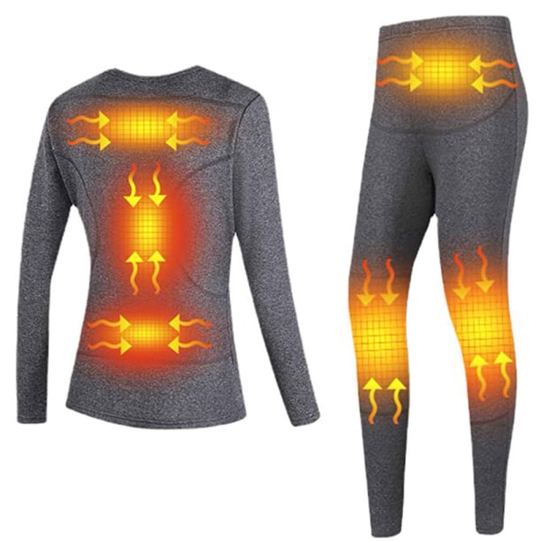 USB Eluppvärmda Underkläder Thermal Pyjamas Long Johns Set Damkläder-Grå Damkläder-Grå 3XL