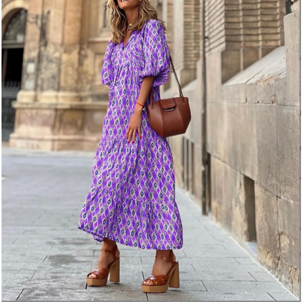 Geometrisk printed bubbelärmsklänning för kvinnor i stor storlek purple fire purple fire m