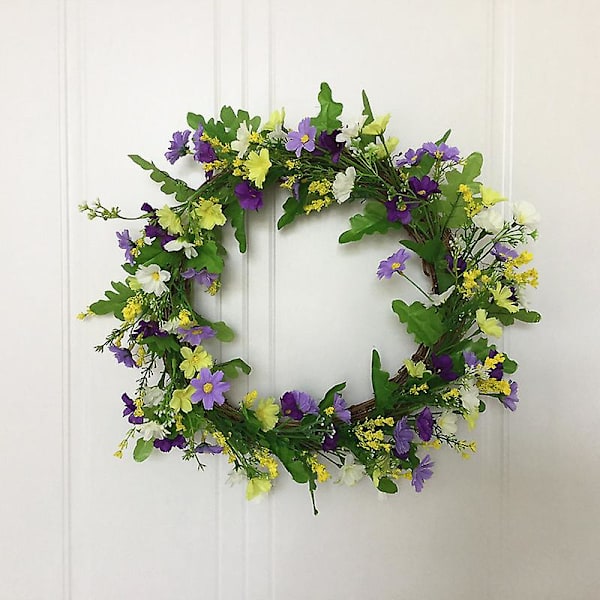 16 tums konstgjorda daisy blomma dörrkrans med vårens konstgjorda vita vildblommor och bärfront Yellow white purple