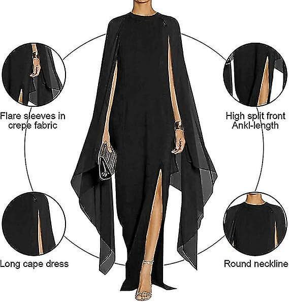Dam Elegant High Split Flare Sleeve Formella aftonklänningar Maxiklänning BLACK L