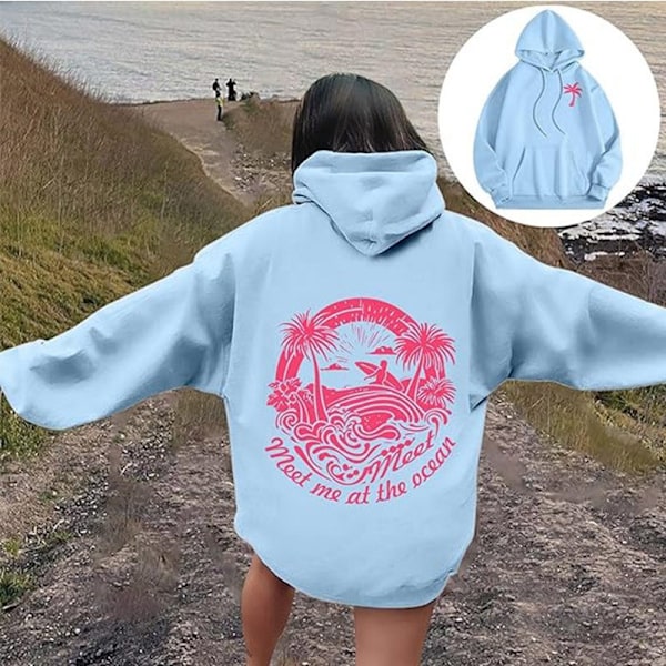 Palm Puff Hoodie Oversized Langermet Genser med Bokstavstrykk for Tenåringsjenter Y2k Hettegenser Mote Snorgenser med Lommer Light Blue- B Light Blue- B XL