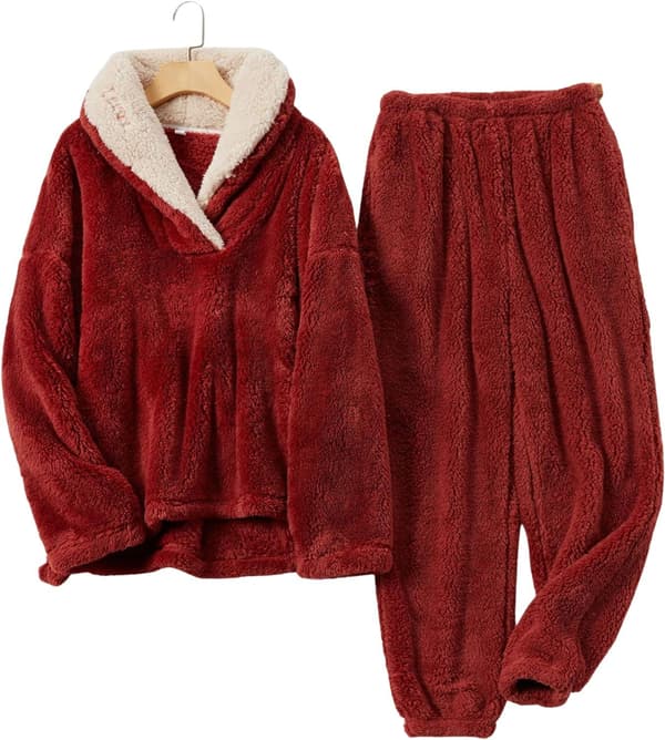 HAUFR Dam Fluffy Pyjamas Set Pullover Byxor Vinter Varm Casual Fuzzy Plush Loungewear Sovkläder - Perfet Red Red Medium