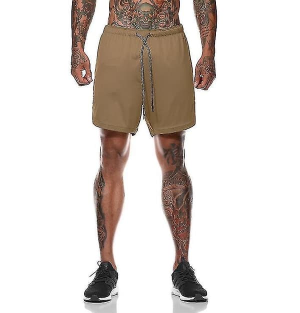 Löparshorts för män 2 i 1 träning med dragkedjefickor khaki S