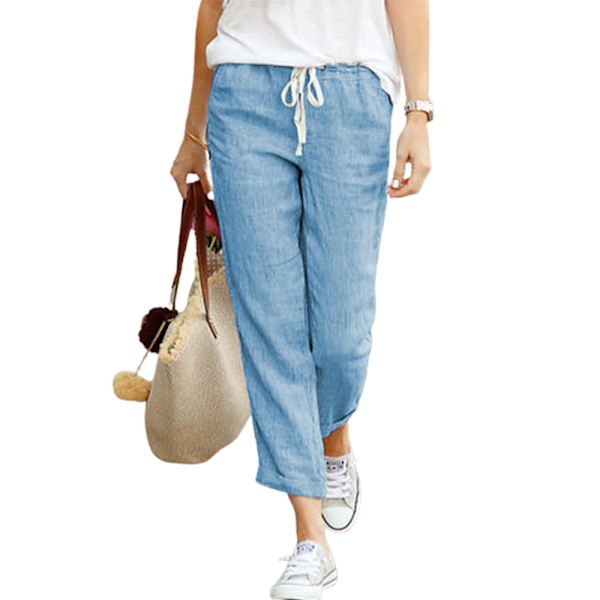 Dame ensfarvede løse Casual Snøre Elastisk talje bukser blue blue 2XL