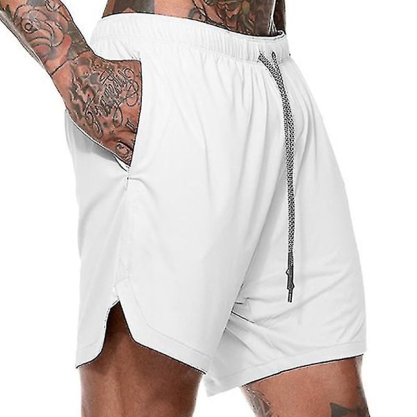 Löpshorts för män Gym Träningsbyxor Jogging Halvbyxor Träningsbyxor med fickor White M
