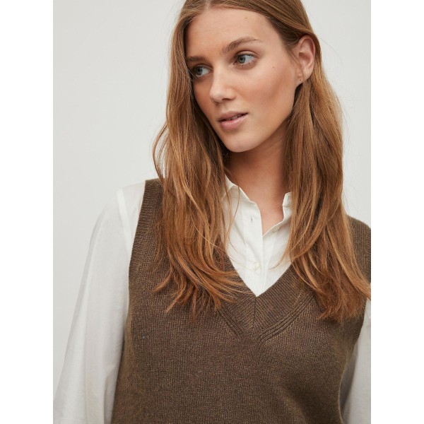 VILA Stickad Slipover-väst för kvinnor V-ringad tröja Basic utan ärmar VIRIL NYHET Brown-3 Brown-3 XL