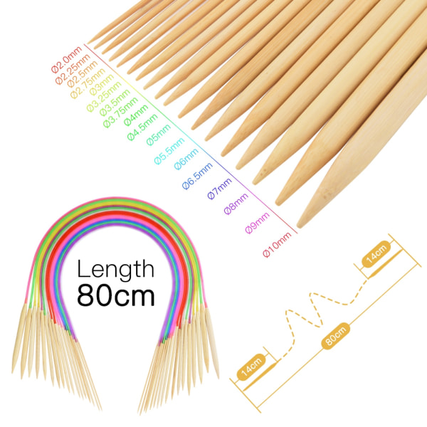 Rundstickor 18 storlekar Bambu spetsiga runda stickor