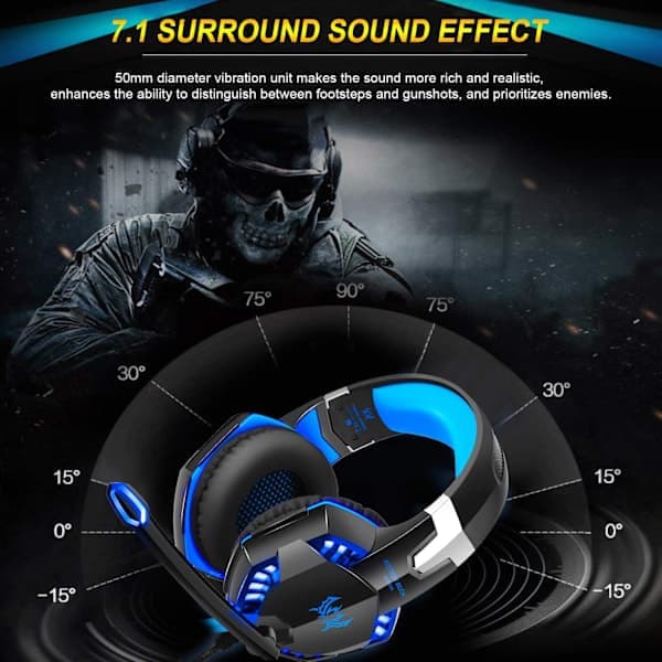 Gaming Headset Over-Ear med Mikrofon, Kablede Hovedtelefoner til PC PS4 Xbox Blå Blå Blå