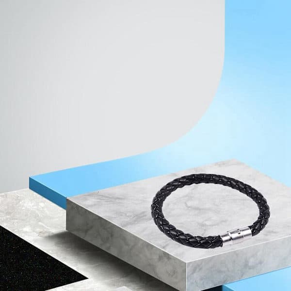 Armbånd i rustfrit stål og læder, flettet læderarmbånd, unisex, sort - Bredde 6 mm - Længde