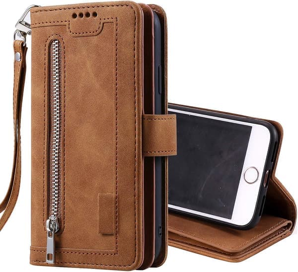 Wallet Case til iPhone SE 2022 5G/iPhone 7/iPhone 8/iPhone SE 2020, 9 Kort Holder Rum Lynlås Pung Case PU Læder Case - Brun