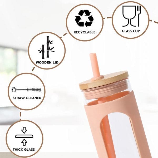 600 ml glaskopp, med lock och sugrör, spillsäker glasflaska, med lock, .