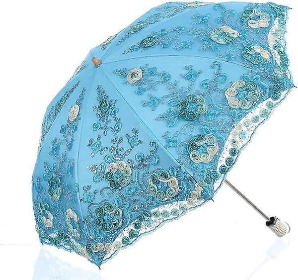 Sammenleggbar UV-parasoll Snø/regn/solparaply Broderi Bryllupsparaply Blå Blue