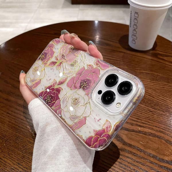 Mobilskal för iPhone 15 Pro Max PC+TPU med glitter och pionmönster