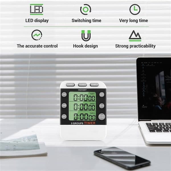 Digital dubbel kökstimer, 3-kanals upp/ned timer, trippel matlagningstimer, display, högt volymlarm, lämplig för olika scenarier