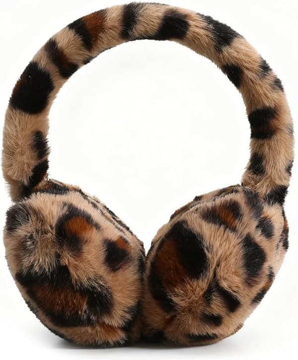 Varme plys ørevarmere med leopardprint, leopardmønstrede ørevarmere, foldbare plys ørevarmere