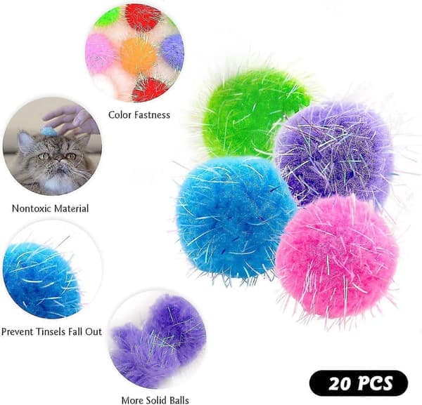20 stk. 3,8 cm ny generation ekstra store kattefavorit jagtglimmerboldlegetøj, glitrende pompombolde