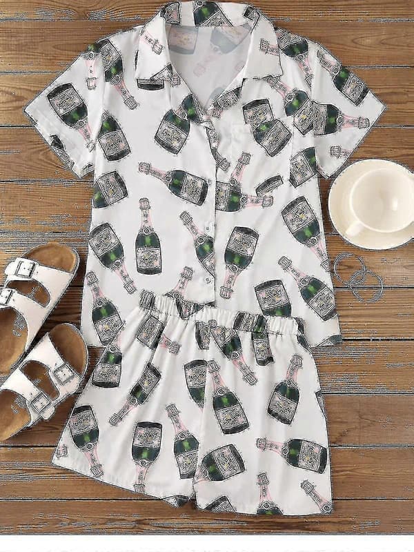 Champagneflaskor Pyjamas Set Dam Tryckt Kortärmad 2 Delar Mjuk Lös Casual Sovkläder Bekväma Hemkläder M M