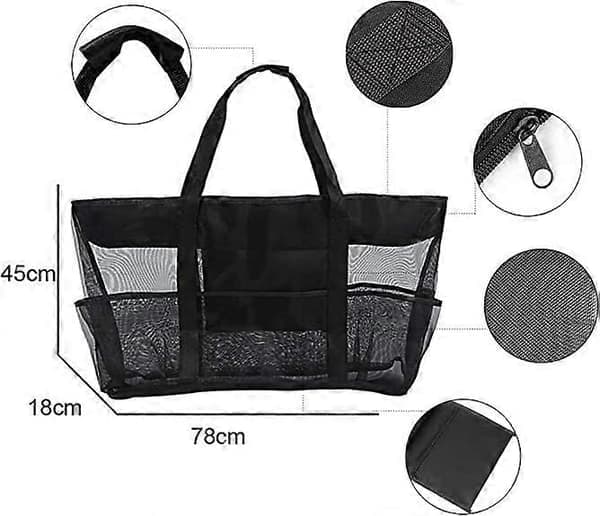 Stor sort net strandtaske, stor strandtaske 70 x 18 x 37 cm, foldbar skuldertaske