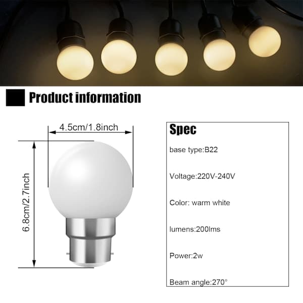 B22 Bajonettsockellampor - 20-pack 2W Festoon LED-lampor - Varmvit [Energiklass B]